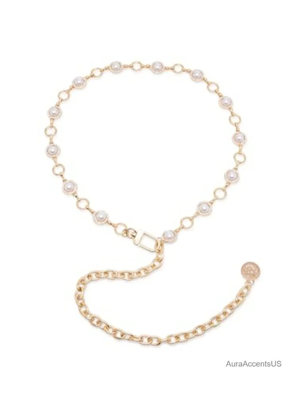 Gold Oval Clasp Chain Belt With Pearls